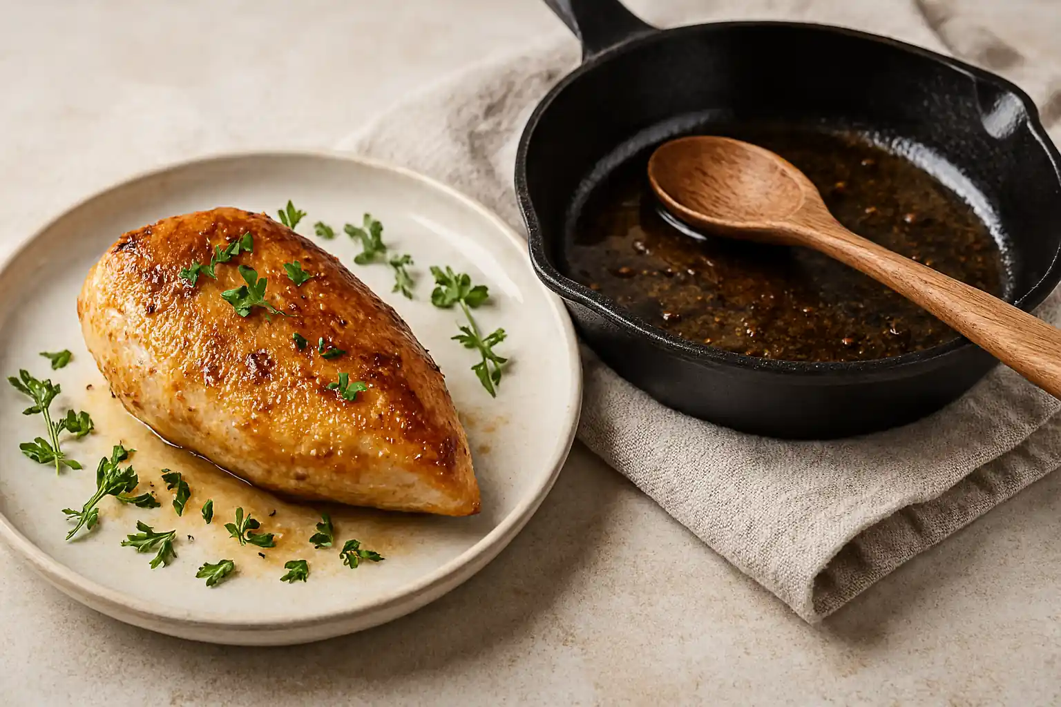 Golden-brown chicken breast sizzling in a black cast iron skillet with visible sear marks and juices.