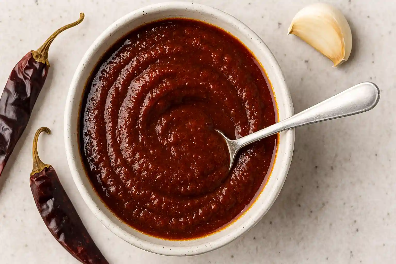 Rich homemade adobo sauce recipe in a ceramic bowl with garlic, bay leaves, and chili peppers on rustic table