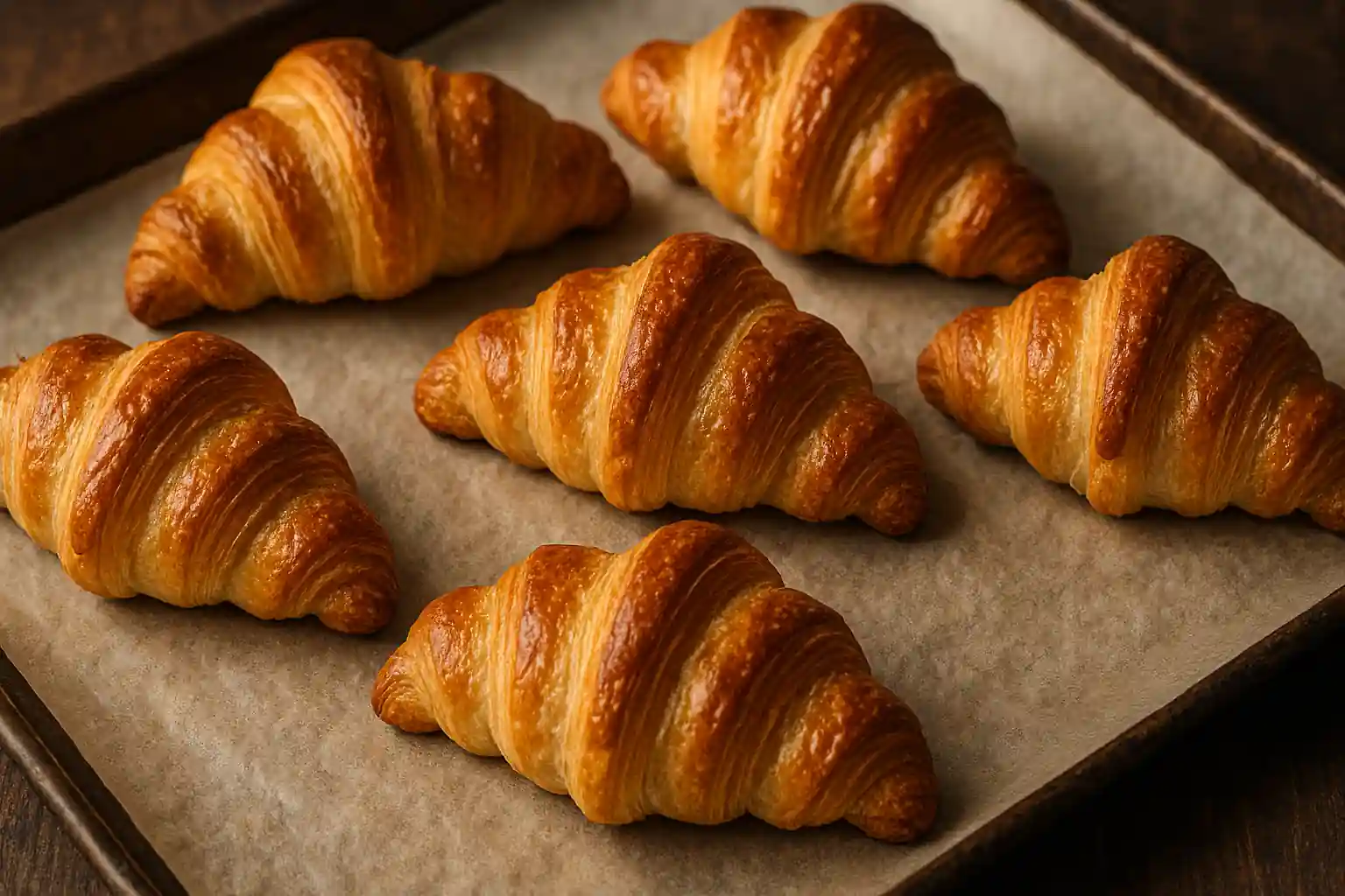 Golden Swiss Gipfeli croissants on parchment paper over rustic wood
