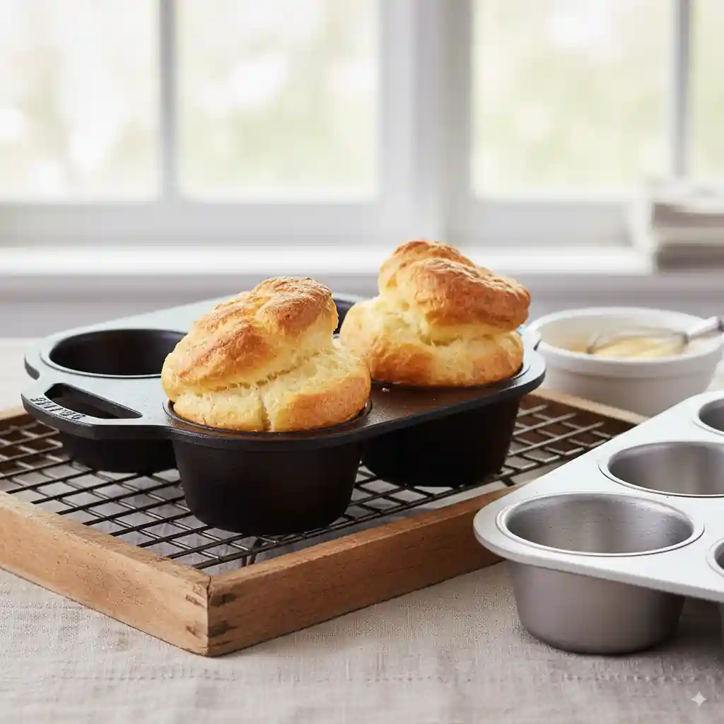 Freshly baked golden popovers in a cast iron popover pan on a cooling rack, with a silver popover pan in the foreground