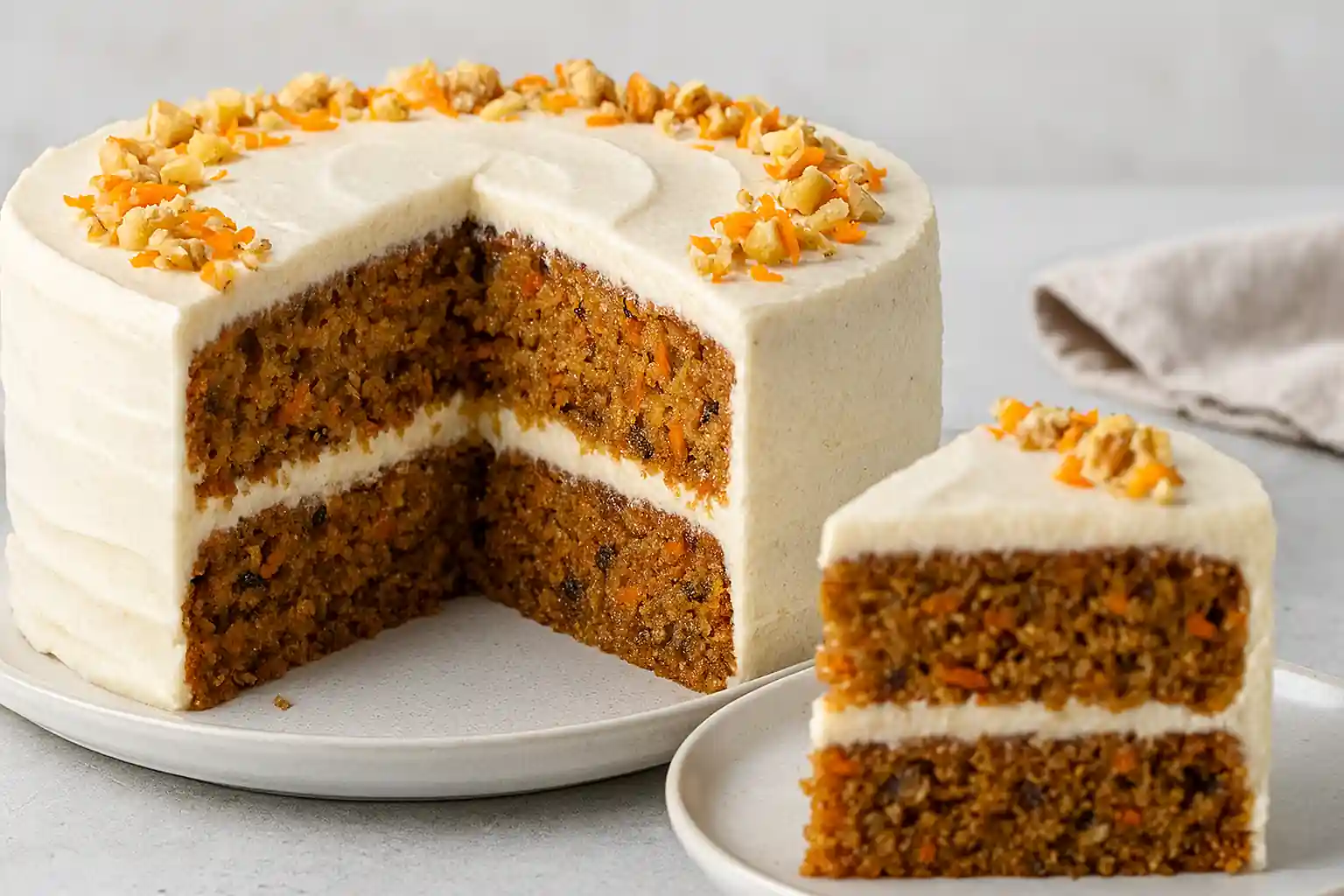 "Moist gluten-free carrot cake with cream cheese frosting and walnut topping on a white plate"