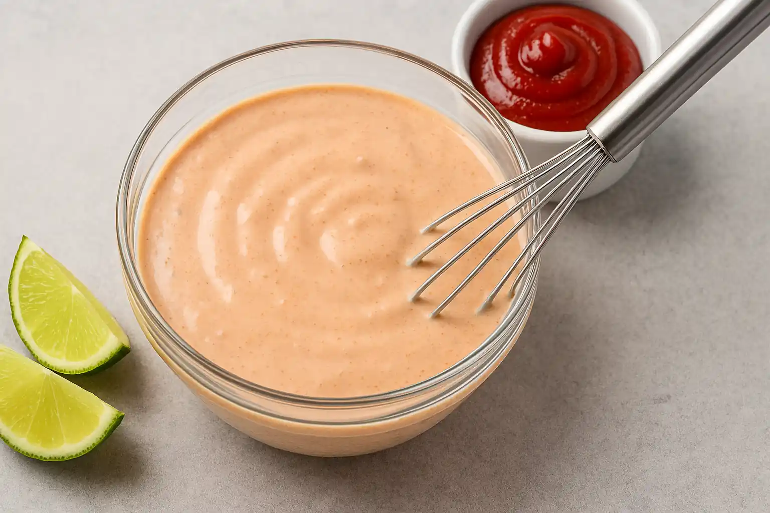 Creamy In-N-Out style burger sauce in a glass bowl with fresh ingredients on a wooden counter