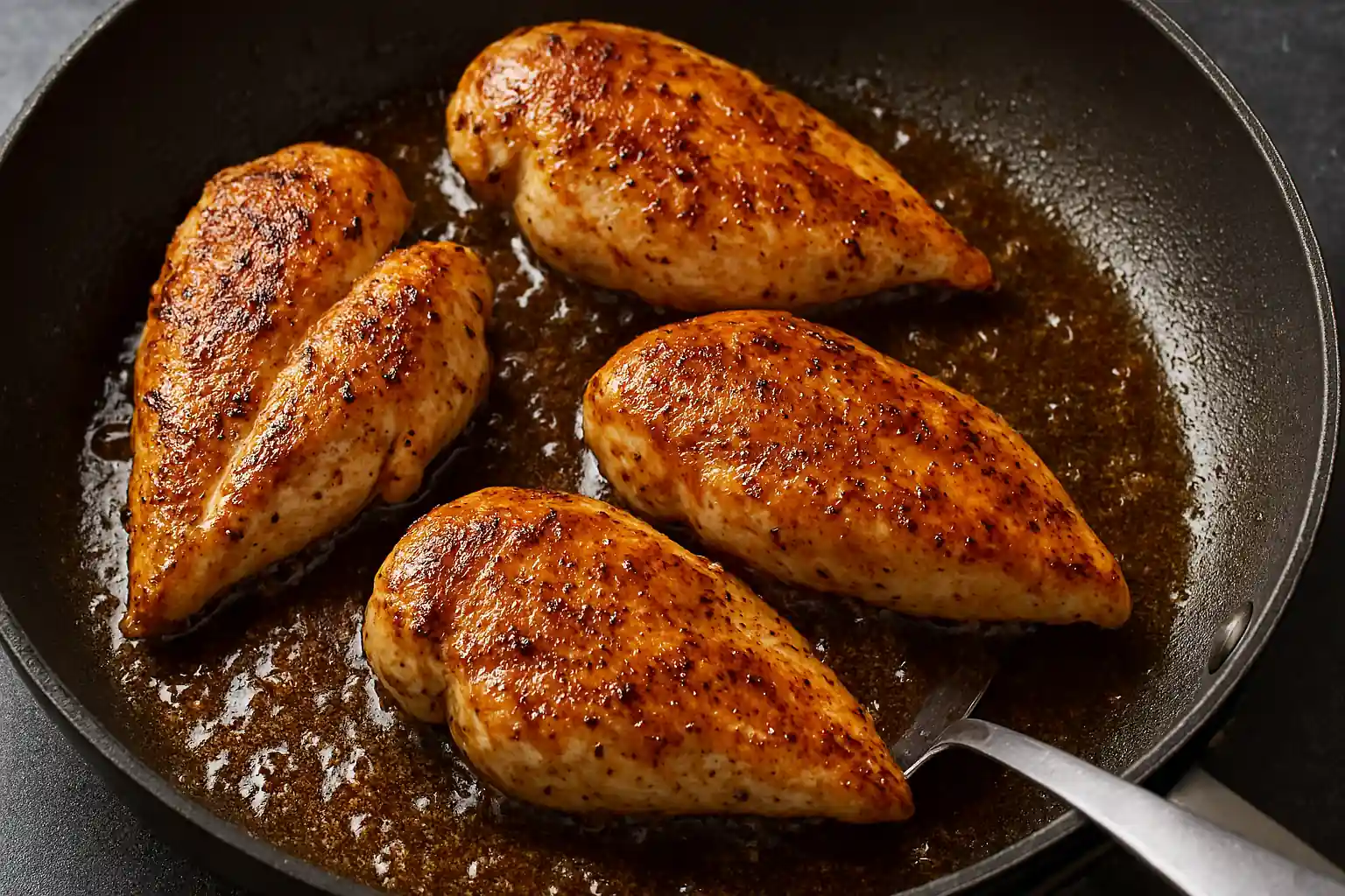 Pan-frying seasoned chicken breasts in sizzling oil inside a non-stick skillet