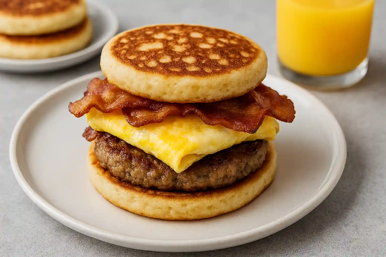 Homemade McGriddle breakfast sandwich with fluffy pancakes, sausage, egg, and melted cheese on a rustic plate