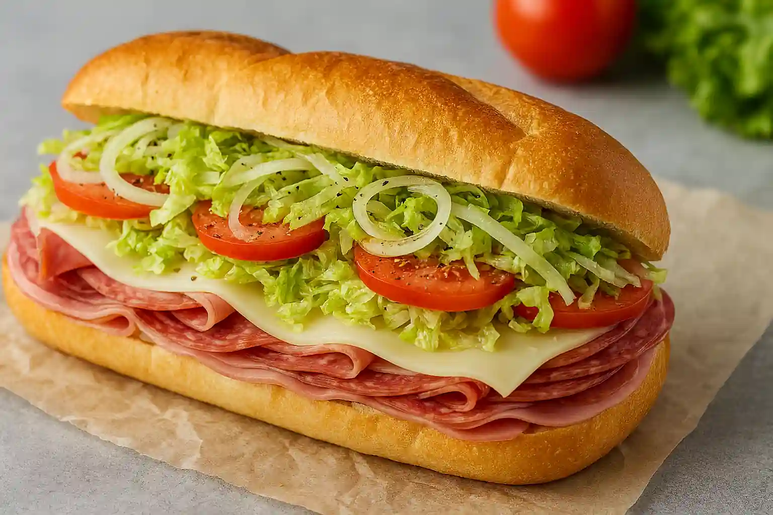 Realistic Italian hoagie sandwich with deli meats, provolone cheese, lettuce, tomato, and onions on a crusty roll
