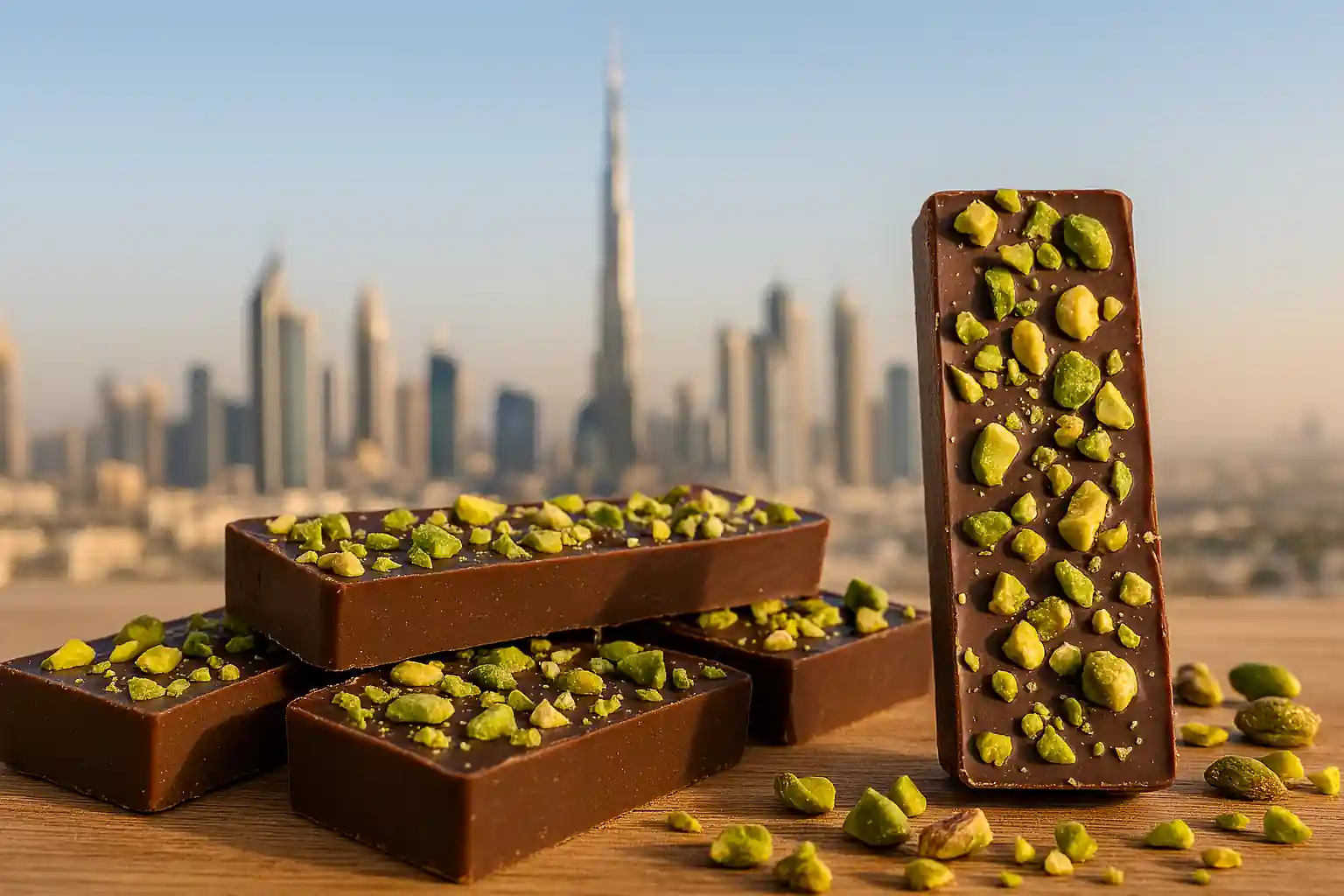 Dubai-style pistachio chocolate bars on a marble surface, topped with crushed green pistachios and glossy chocolate finish