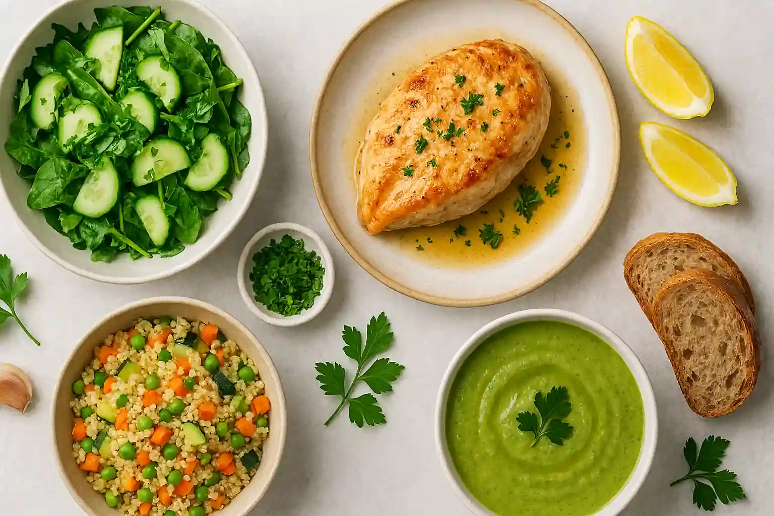 Fresh low histamine recipes with zucchini, carrots, quinoa, pears, and herbs arranged in bright natural light on a clean kitchen table.