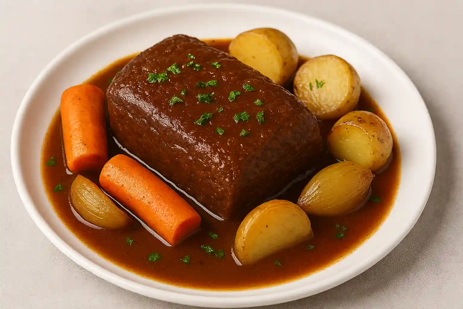 Braised mock chuck served in rich brown sauce with carrots, potatoes, and caramelized onions on a white plate
