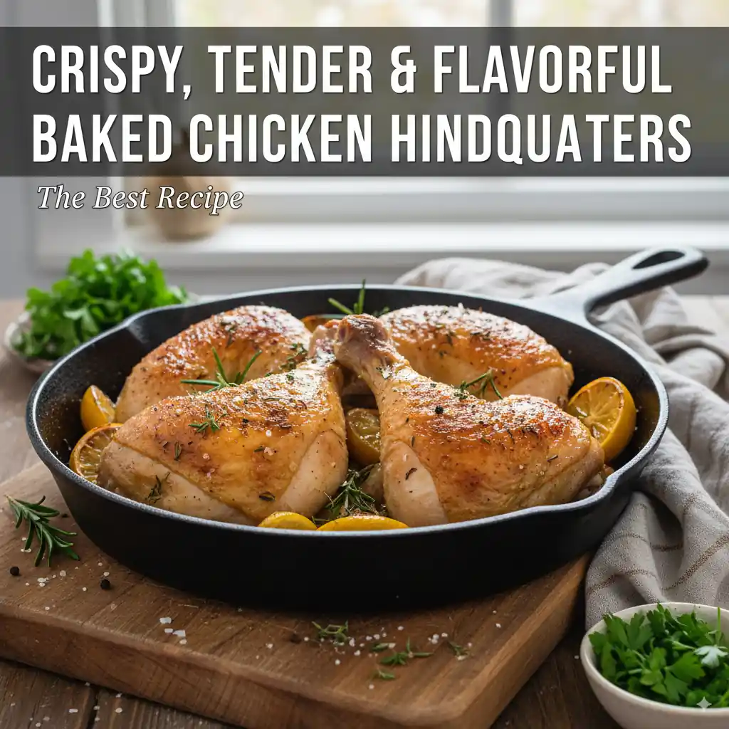 Golden brown baked chicken hindquarters in a cast iron skillet with lemon wedges and fresh herbs on a rustic wooden surface