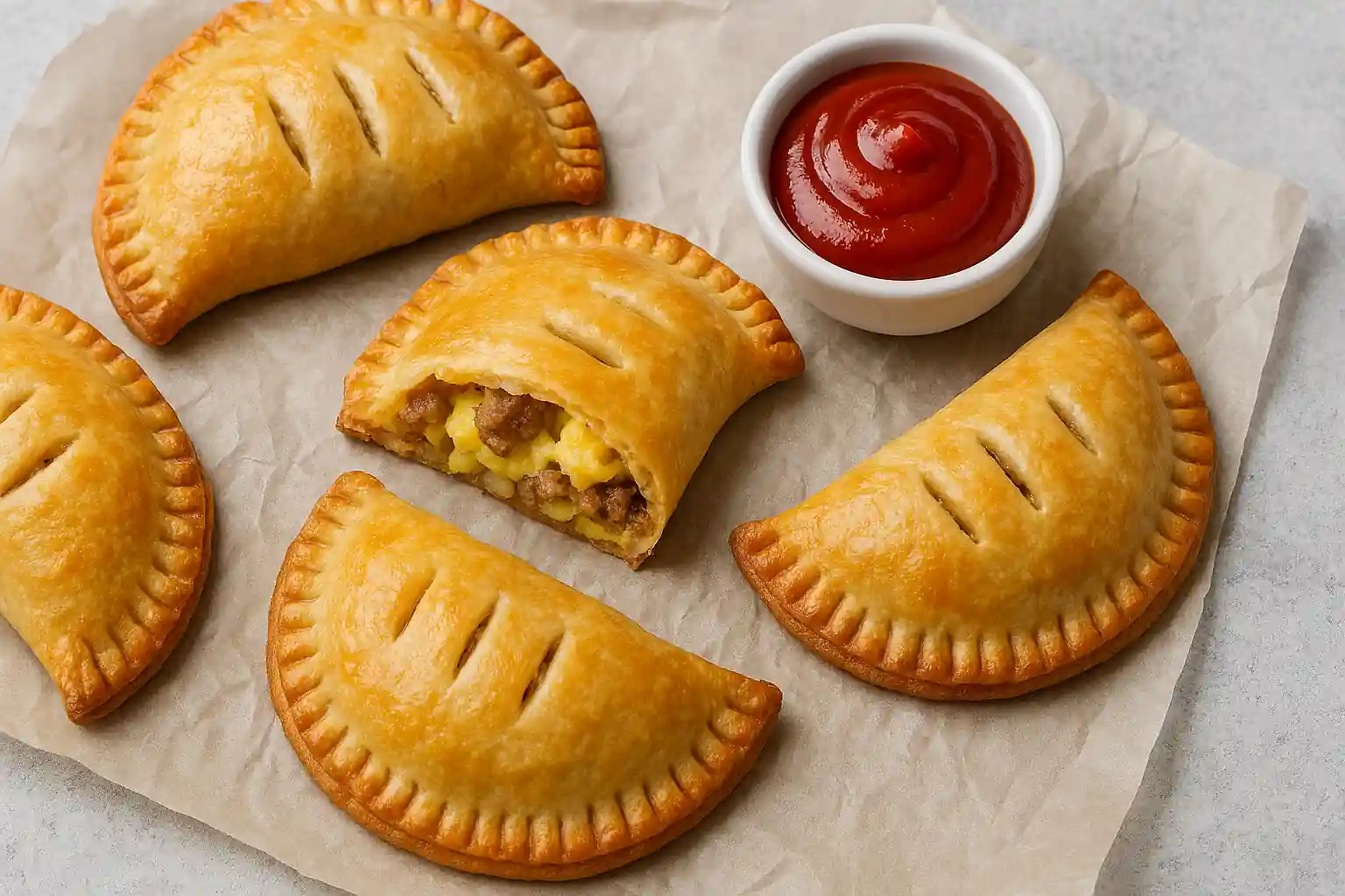 Golden-brown breakfast hand pies with egg, cheese, and ham filling on rustic parchment paper