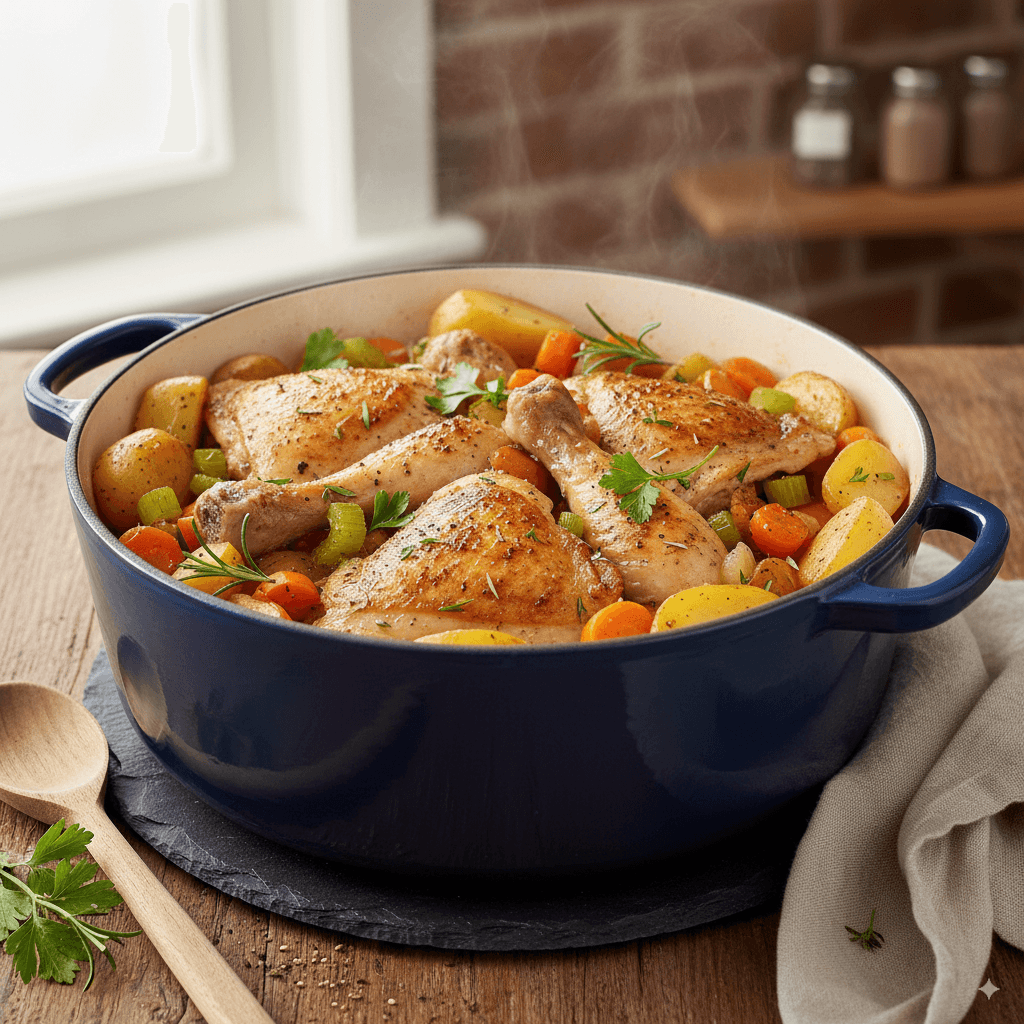 A hearty blue Dutch oven filled with golden-brown stoved chicken legs and thighs, tender potatoes, carrots, and celery, garnished with fresh rosemary and parsley, with steam rising from the comforting one-pot meal on a rustic wooden table.