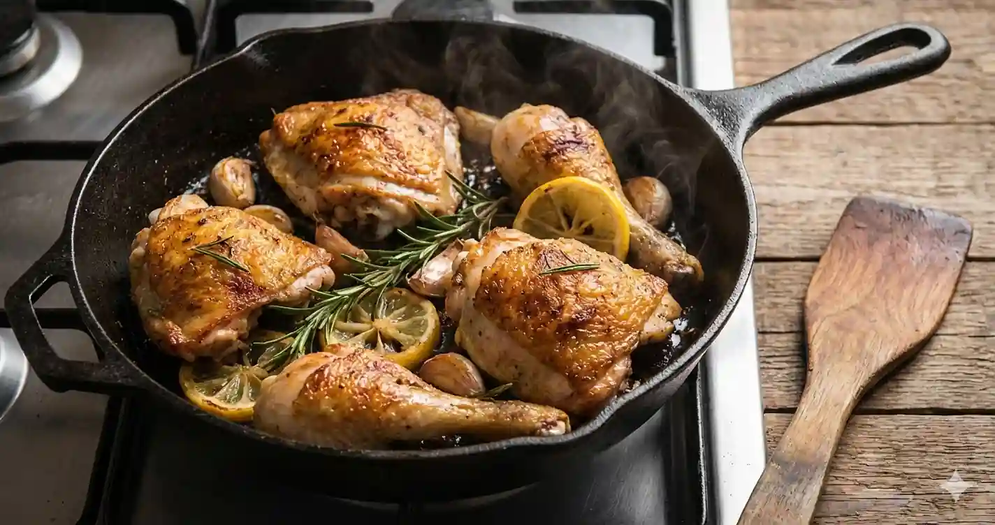 Crispy golden-brown chicken thighs sizzling in a cast iron skillet with rosemary, garlic, and lemon