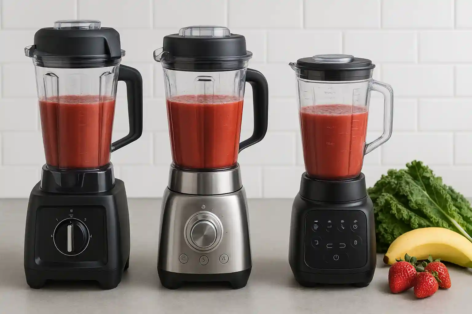 Modern blenders for smoothies in 2025 displayed on a clean kitchen counter with fresh fruits and vibrant red smoothies.