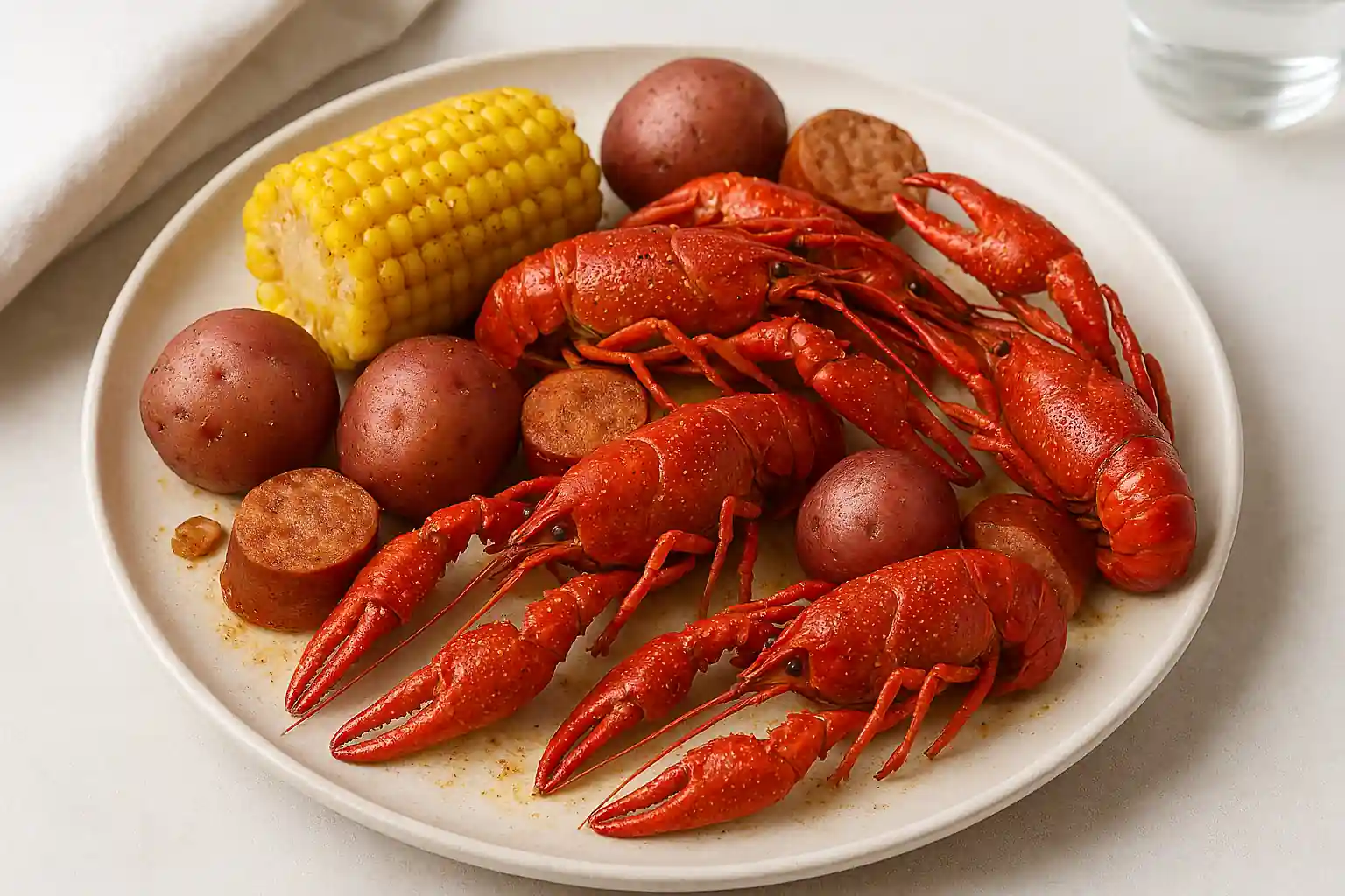A rustic crawfish boil featuring vibrant red crawfish, golden corn on the cob, red potatoes, and sliced sausage on a ceramic plate, styled with natural lighting and minimal background.