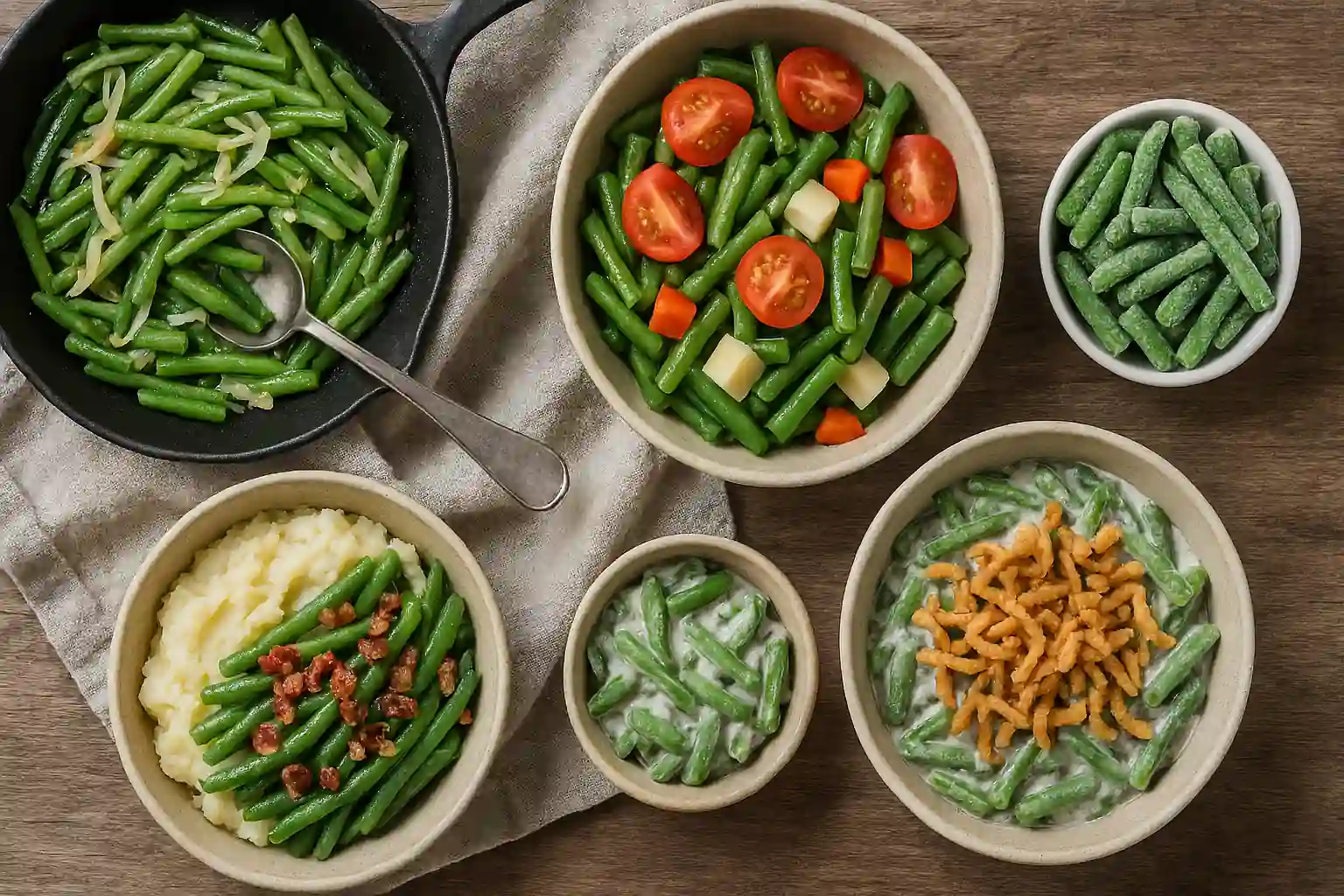 Assorted frozen green bean dishes including casserole, salad, sautéed beans, and mashed potatoes with bacon, arranged on a rustic wooden table with natural lighting.