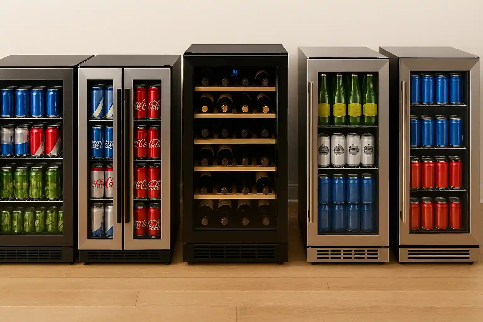 Row of modern beverage refrigerators and wine coolers in a showroom setting, showcasing glass doors, stainless steel finishes, and neatly arranged drinks.