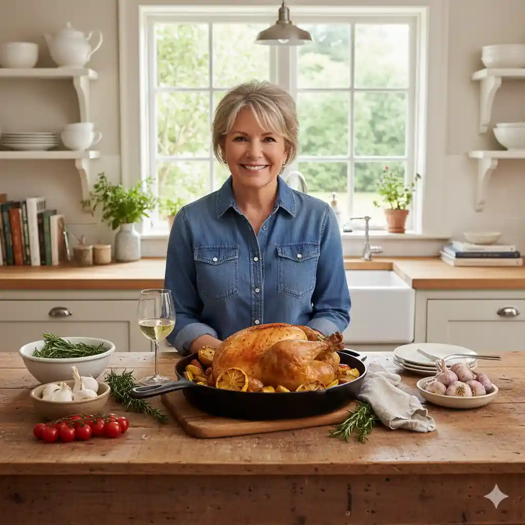 Ina Garten smiling in a bright kitchen, presenting a golden-brown whole roasted chicken with lemon wedges in a cast iron skillet, surrounded by fresh rosemary, garlic, cherry tomatoes, and a glass of white wine on a wooden table.