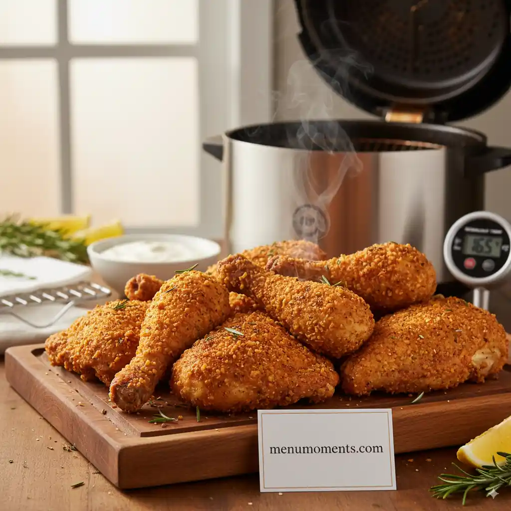 Golden crispy air-fried chicken drumsticks and thighs on a cutting board with rosemary, dipping sauce, and digital thermometer reading 165.3°F
