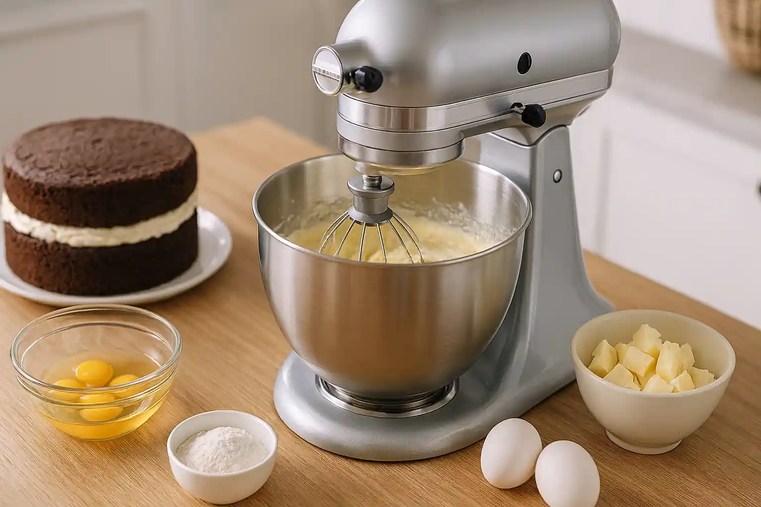Modern silver stand mixer on kitchen counter with cake ingredients and baked cake