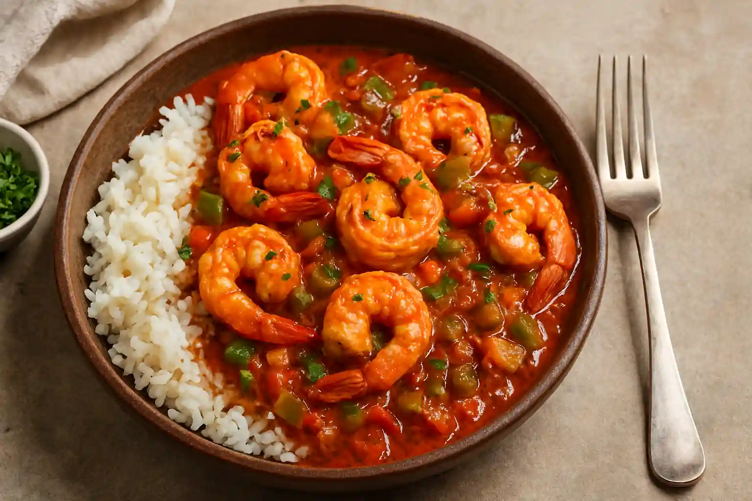 Rustic bowl of prawn creole in spicy tomato sauce with white rice and fresh parsley garnish.