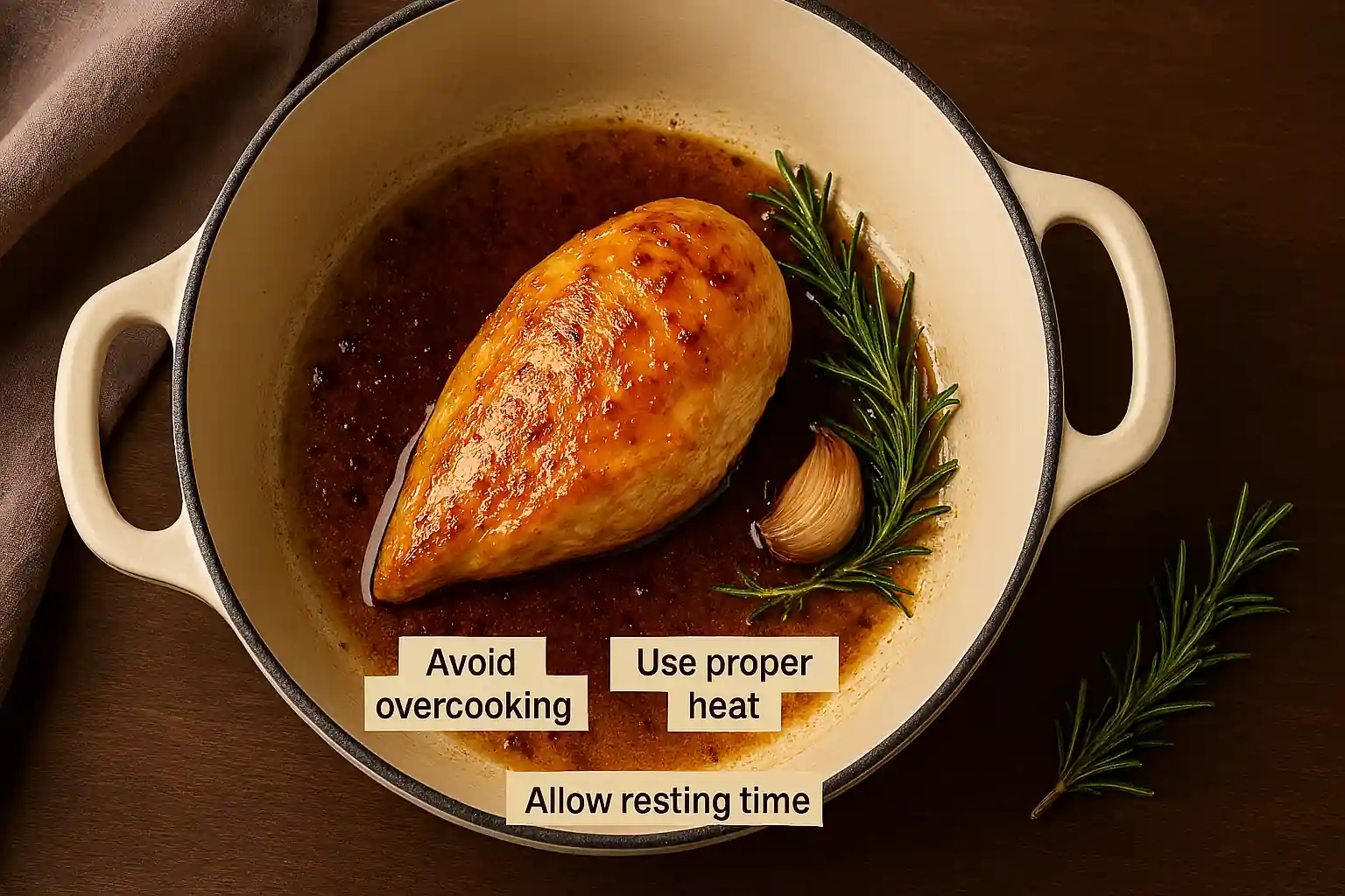 Golden brown chicken breast cooking in a Dutch oven with herbs and juices on a rustic surface
