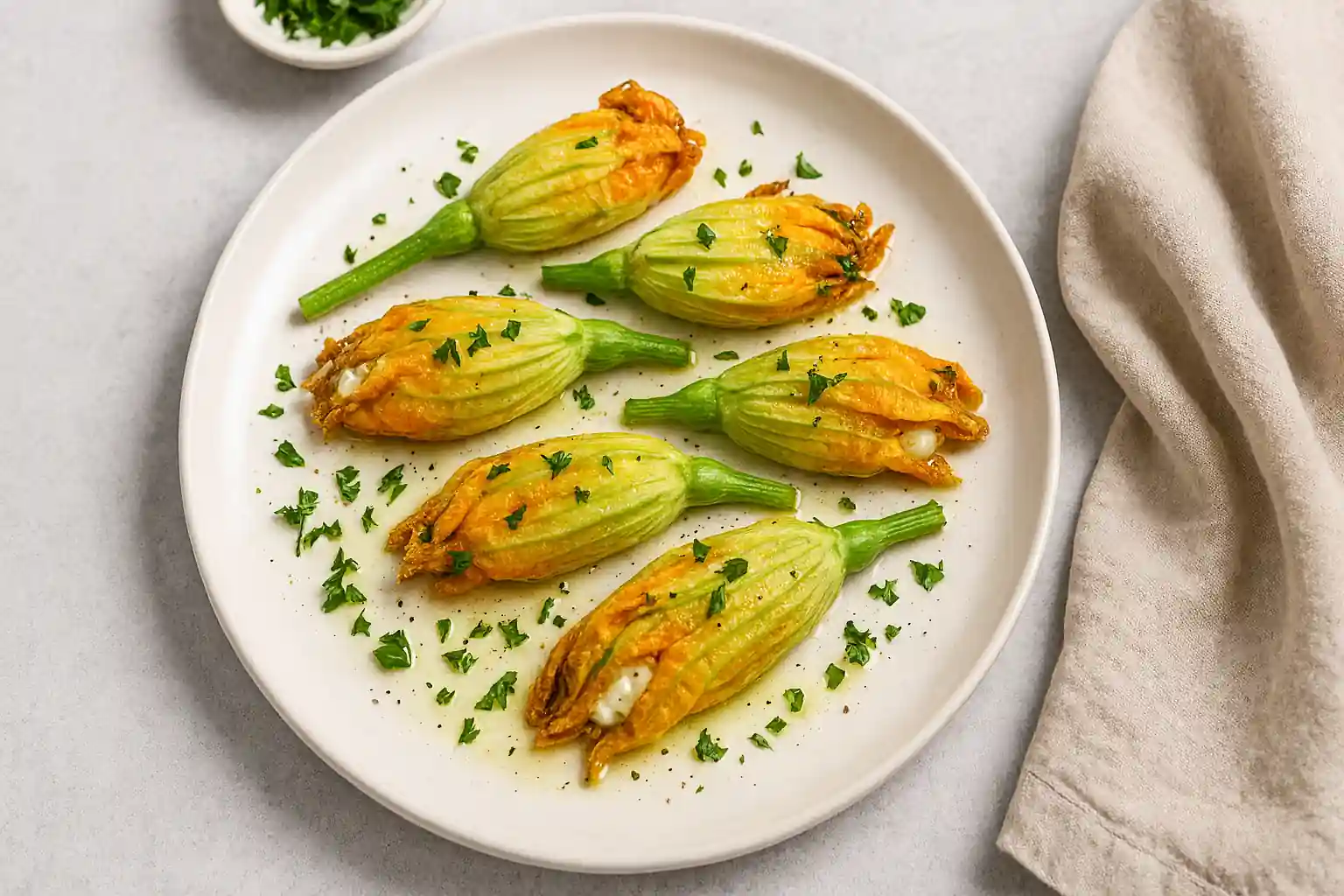 Golden fried squash blossoms stuffed with creamy filling on a rustic ceramic plate, garnished with fresh herbs.
