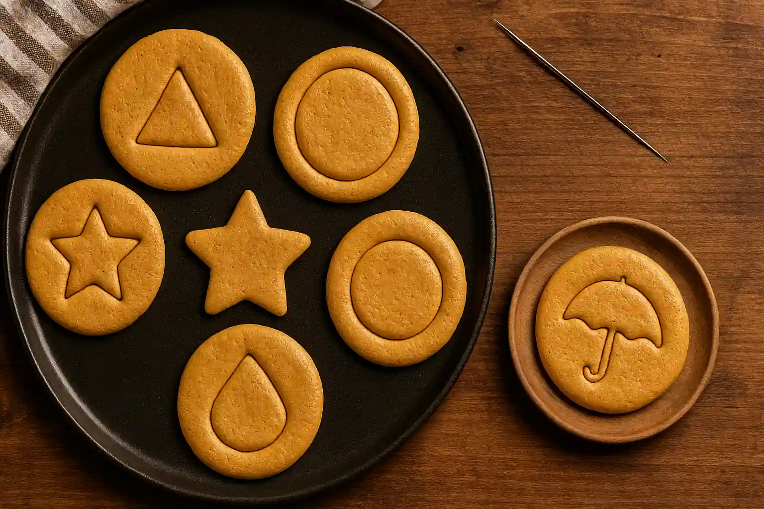 Authentic Squid Game dalgona cookie recipe with carved shapes on rustic wooden table