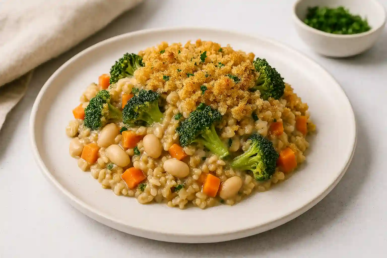 Beautifully plated vegan casserole with broccoli, carrots, white beans, and golden breadcrumbs in a creamy dairy-free sauce.