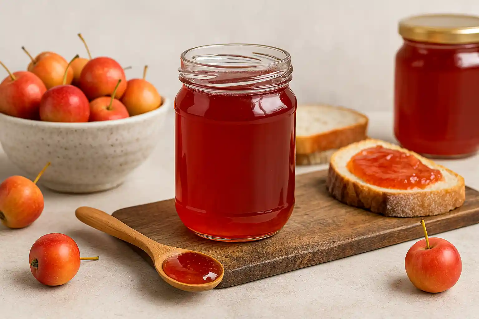 "Rustic jar of homemade crab apple jelly with fresh crab apples and bread spread in natural light"