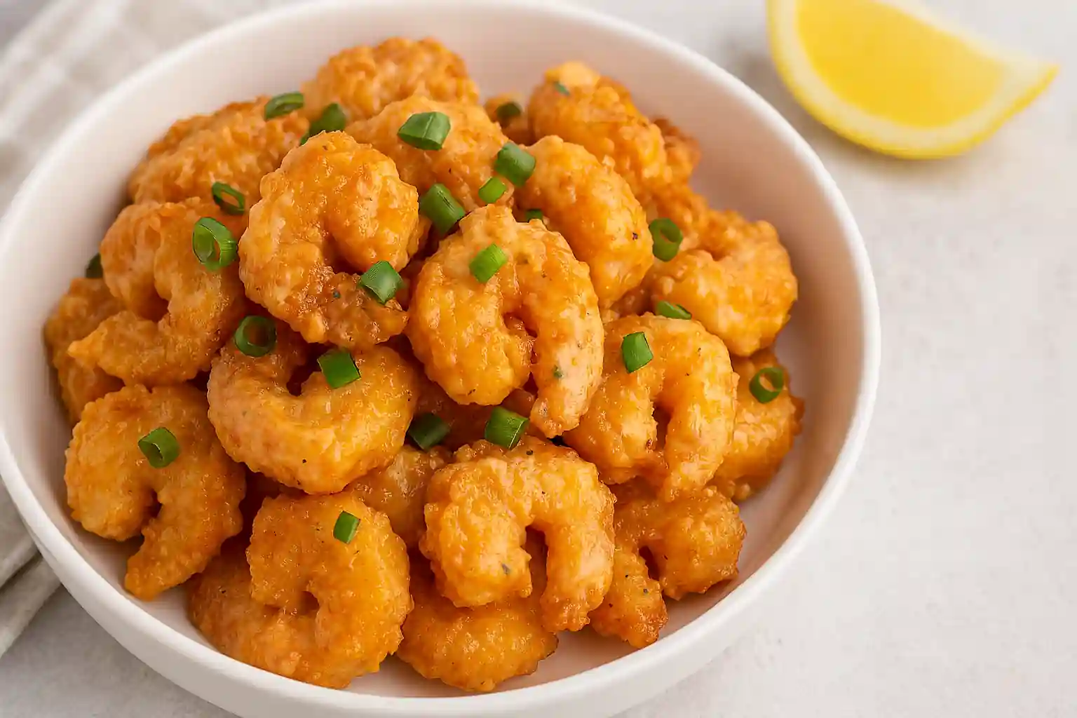 Crispy Bang Bang Shrimp coated in creamy spicy sauce, garnished with scallions and served in a white bowl with lemon wedge on a neutral stone surface.