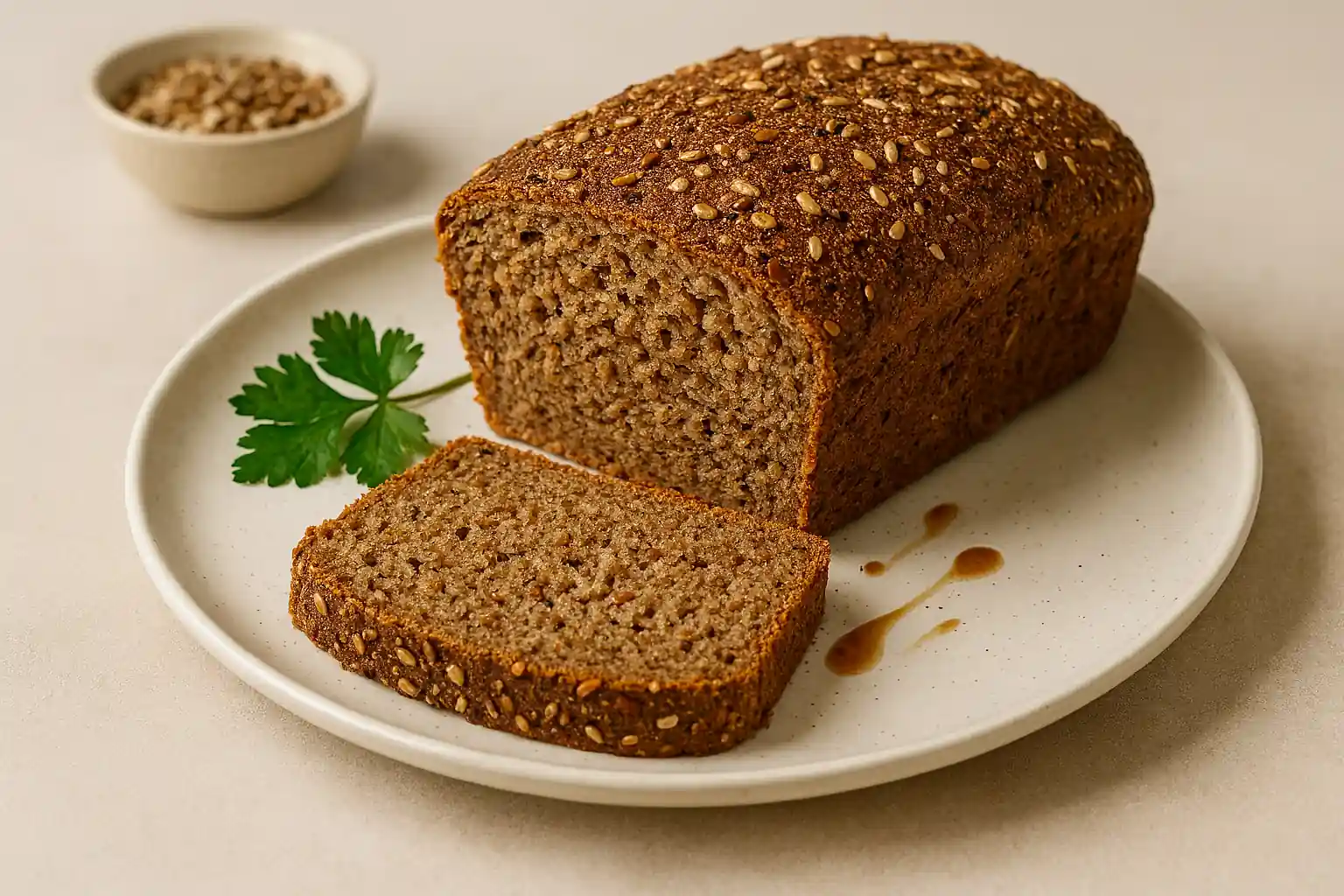 Sliced loaf of homemade Ezekiel bread with seeds on crust and dense crumb