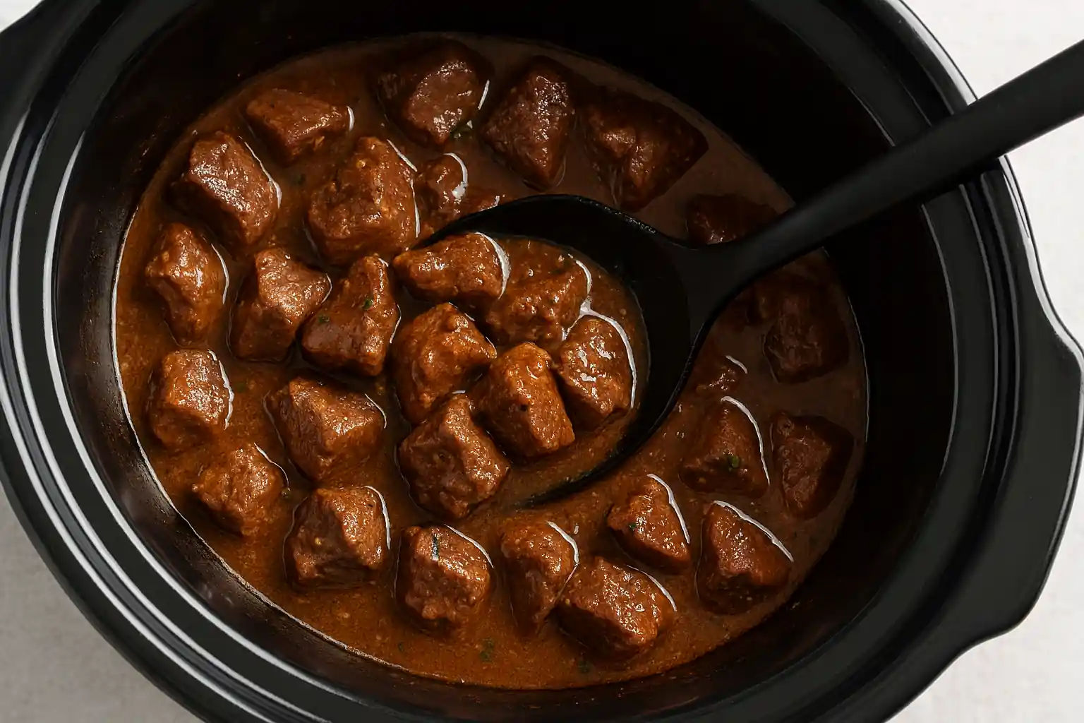 Tender beef tips crock pot recipe simmering with rich brown gravy and fresh parsley garnish