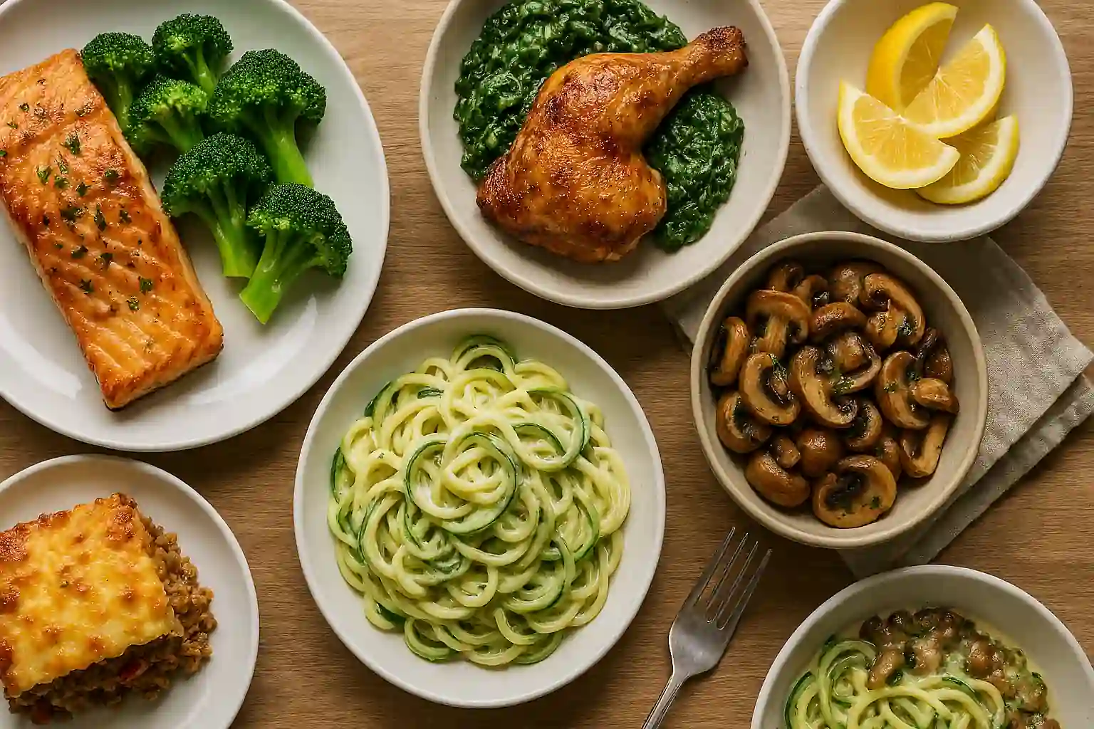 Keto dinner spread with grilled salmon, roasted asparagus, cauliflower mash, avocado salad, and sautéed mushrooms on a rustic wooden table