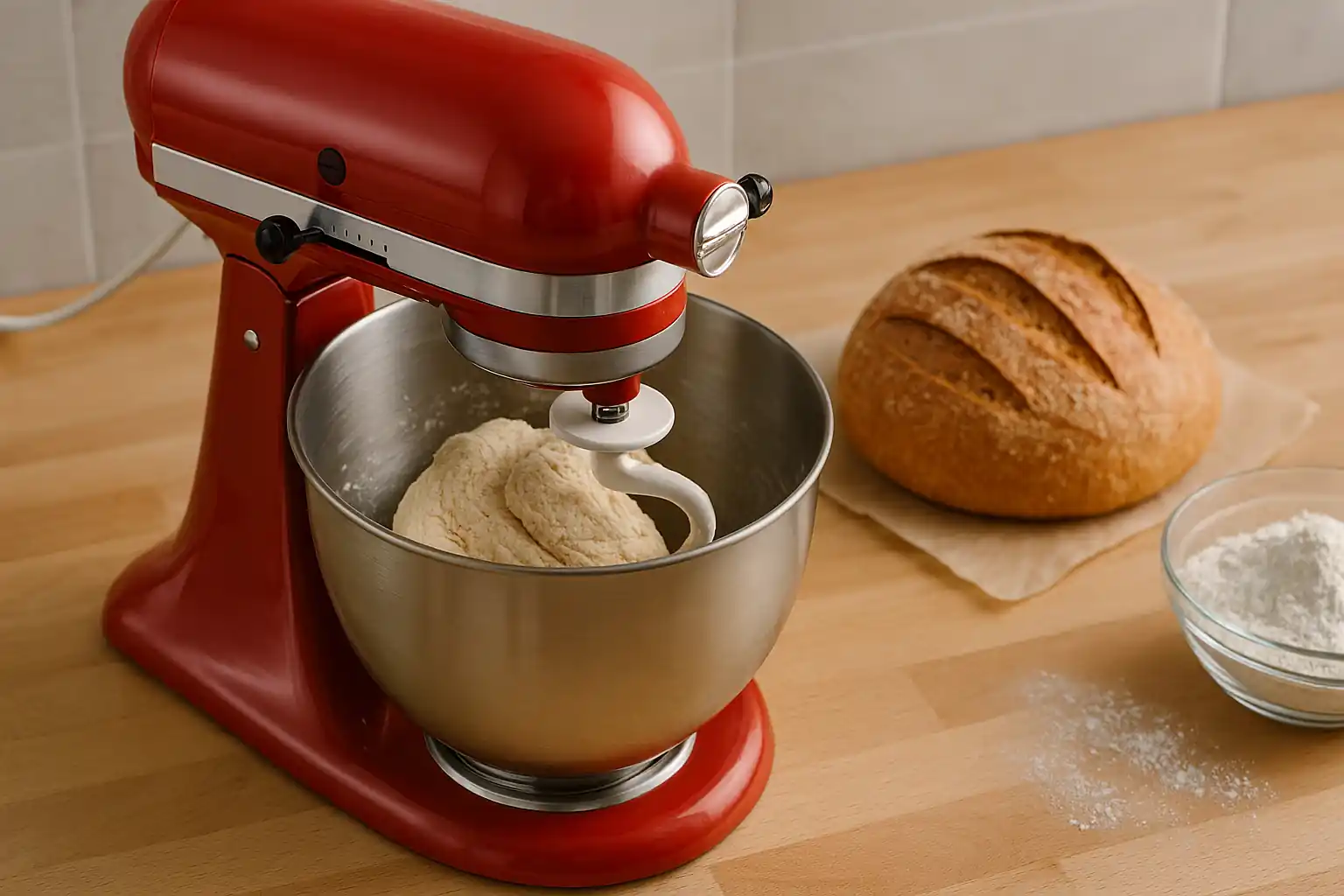 Premium stand mixer kneading bread dough on a wooden countertop with baking essentials