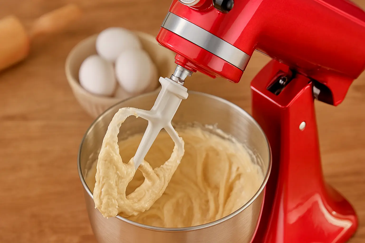 Modern red stand mixer on a wooden kitchen countertop with stainless steel bowl, eggs, and rolling pin for baking.