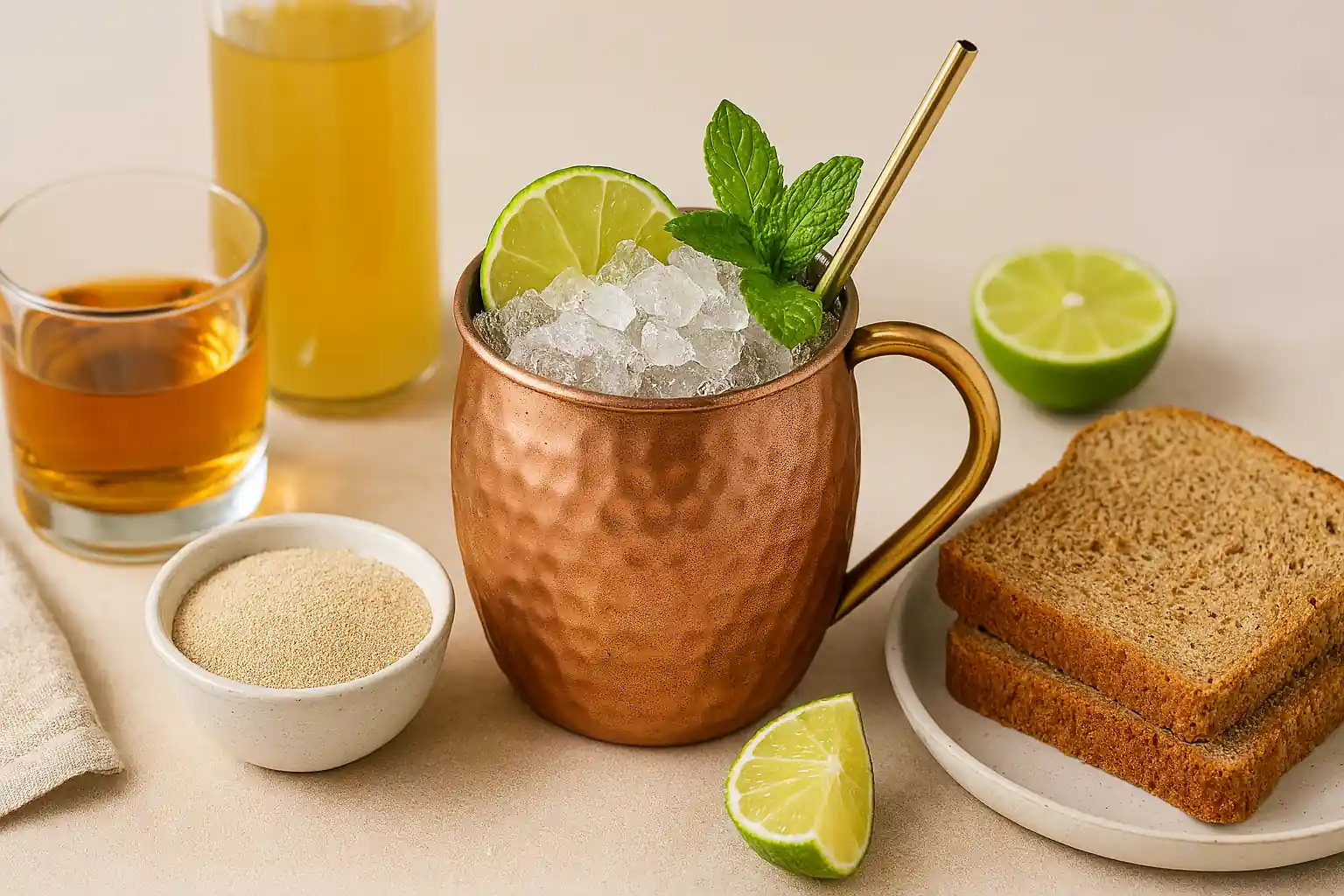 Copper mug filled with crushed ice, lime wedge, mint sprig, and gold straw beside bourbon and ginger beer