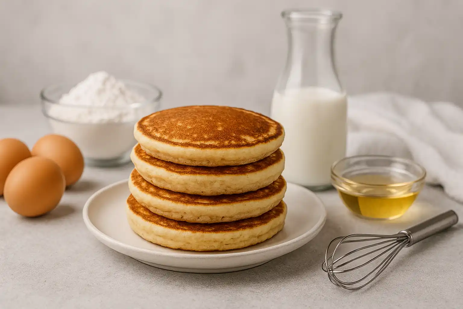 Fluffy golden-brown pancakes without milk topped with fresh berries and maple syrup