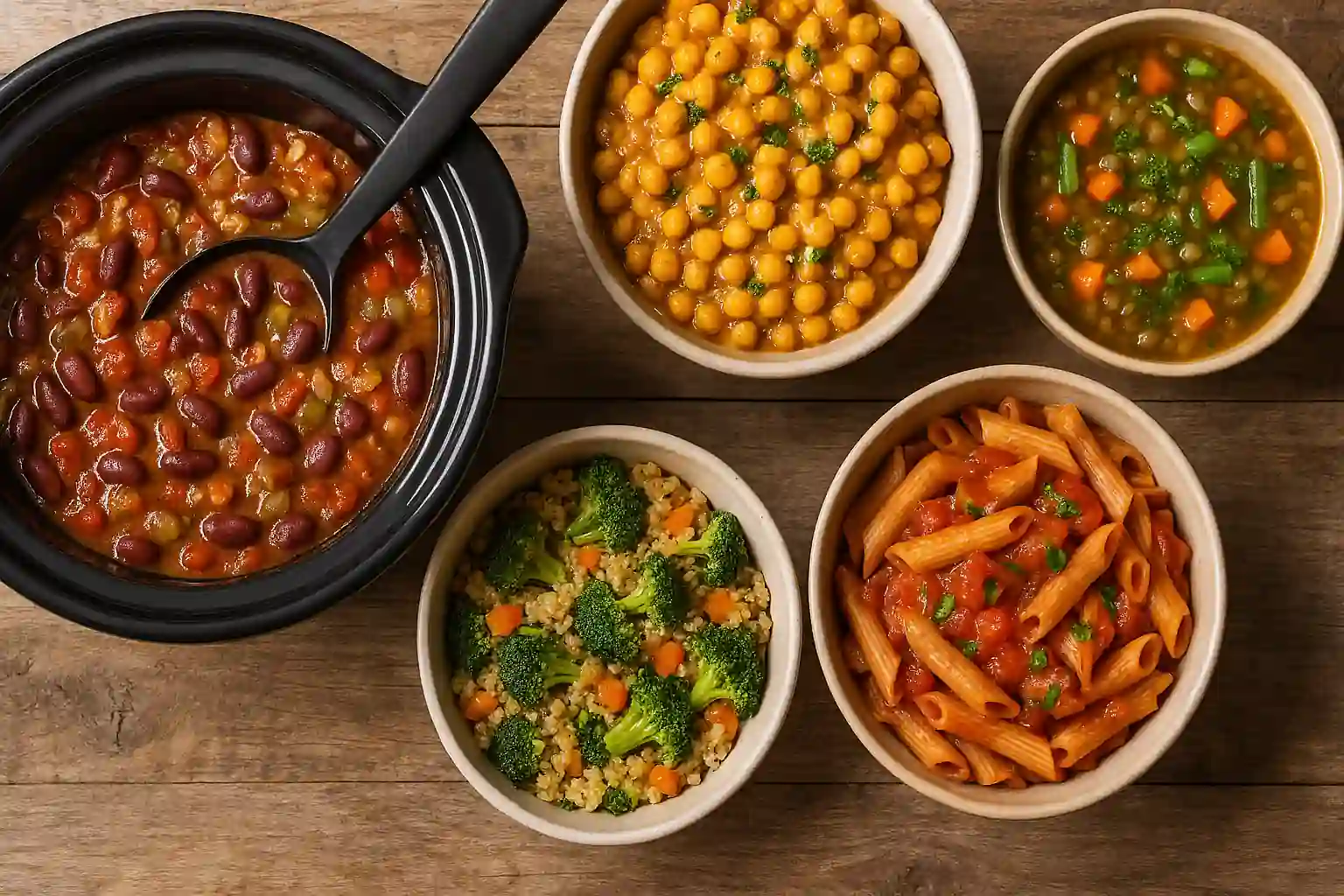 Vegan crockpot recipes with colorful beans, lentils, vegetables, and herbs in a rustic kitchen setting