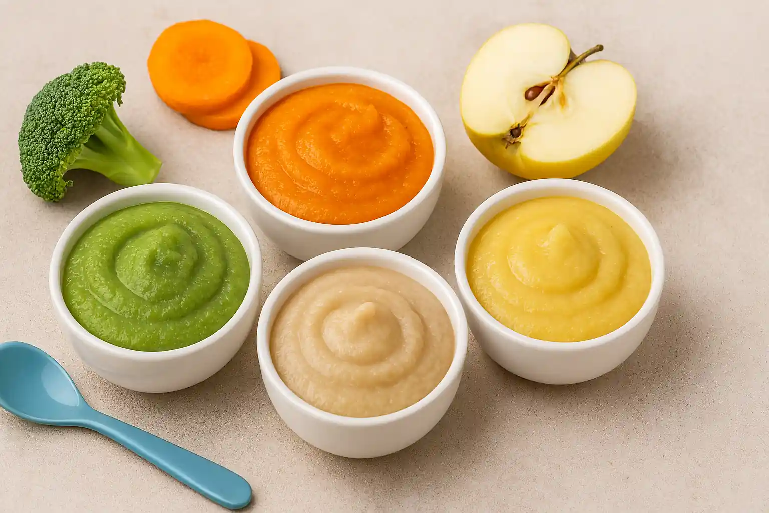 Fresh homemade baby puree recipes in colorful bowls with natural ingredients and baby spoon