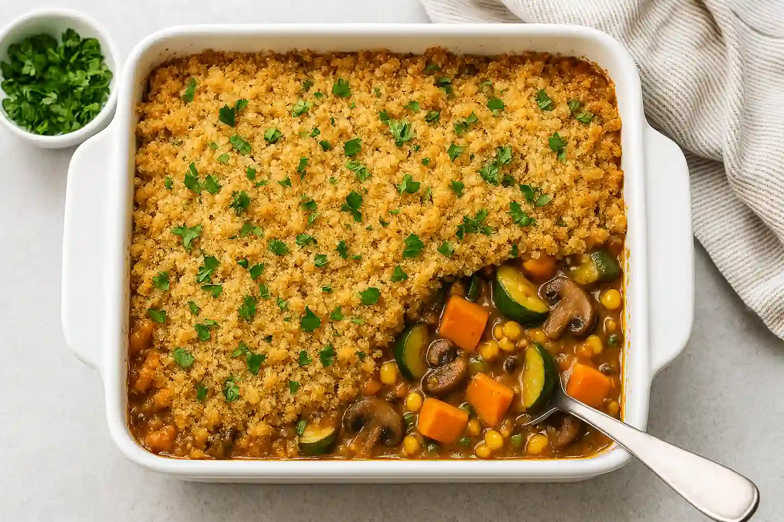 Freshly baked vegan casserole with colorful vegetables and golden breadcrumb topping in a white ceramic dish