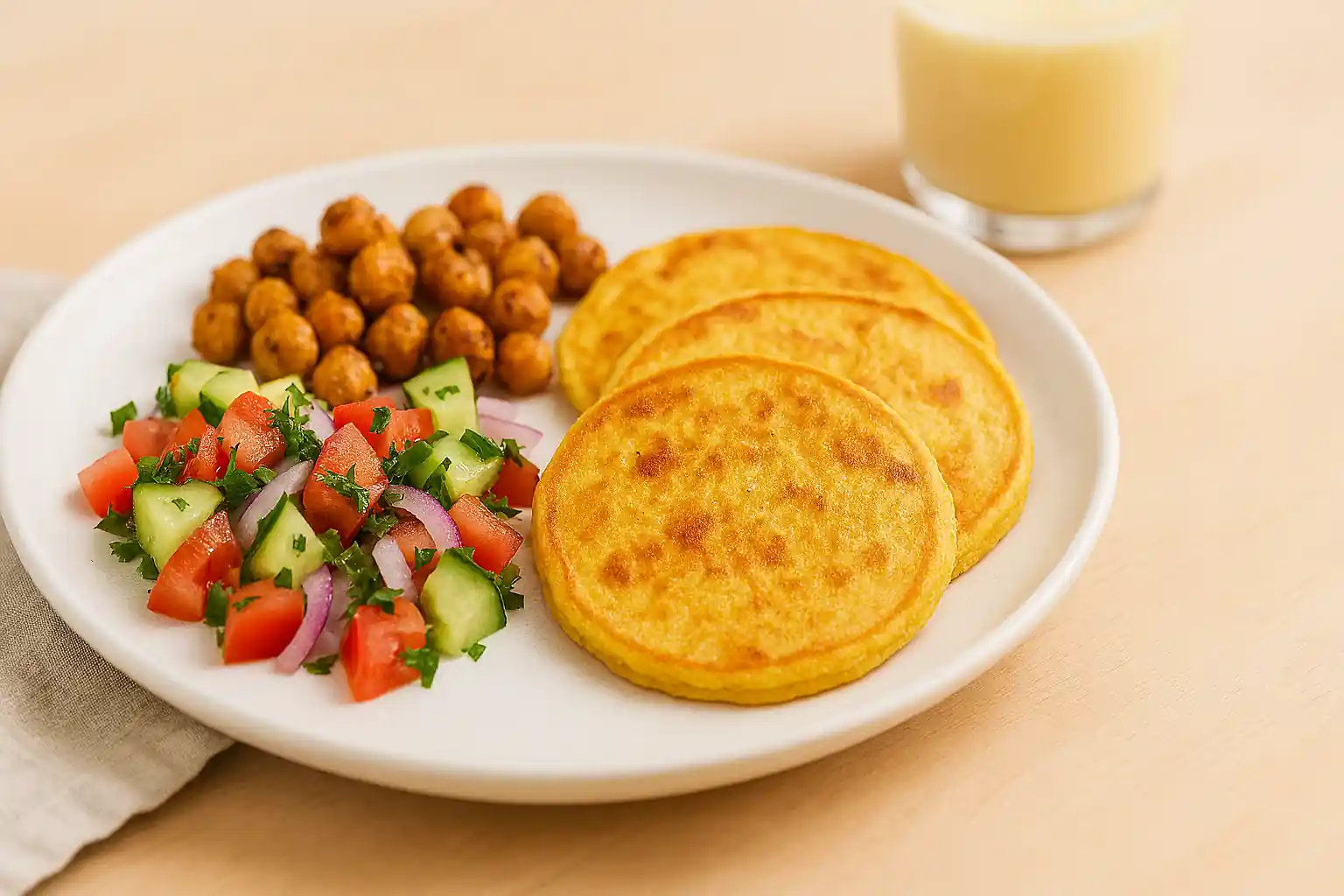 A beautifully plated dish featuring golden chickpea flour pancakes, roasted chickpeas, and a fresh vegetable salad on a white ceramic plate, set on a light wooden surface with natural lighting and