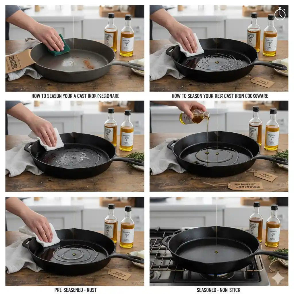 A collage of six images demonstrating the process of seasoning a cast iron pan.