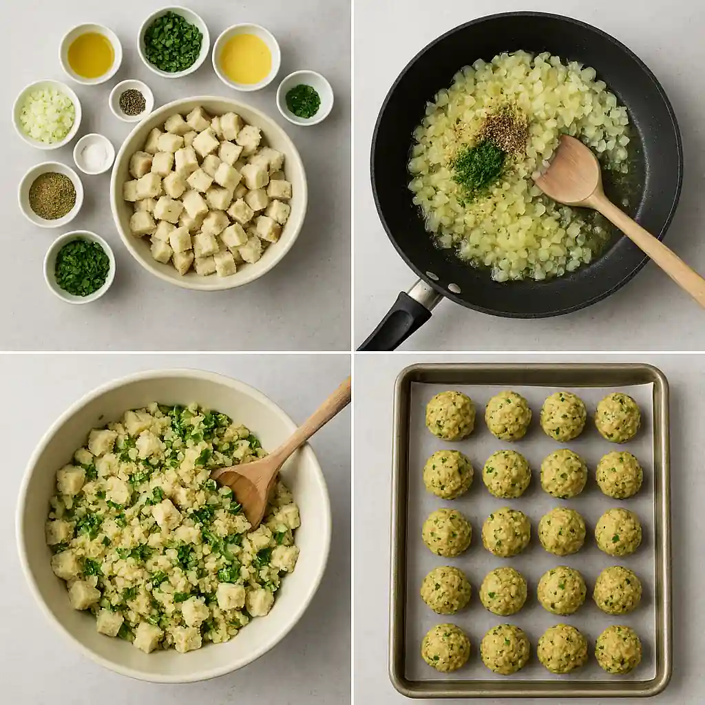 A four-step collage showing the process of making stuffing balls, including ingredients prep, sautéing onions, mixing with bread cubes and herbs, and forming balls on a baking tray.