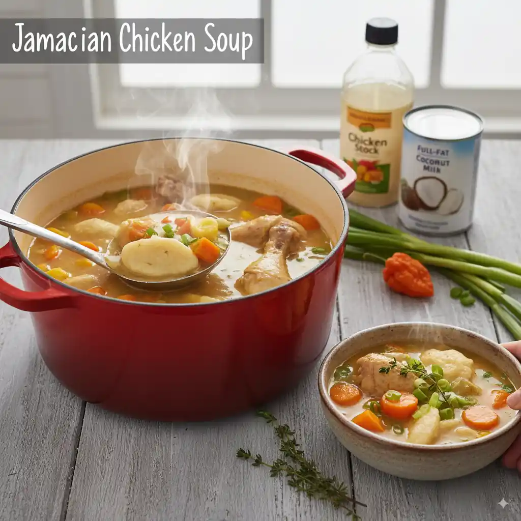 Lifting a ladle of Jamaican chicken soup with dumplings, carrots, and herbs from a red Dutch oven beside a garnished serving bowl