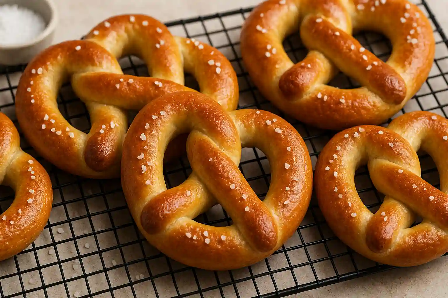 Golden-brown Auntie Anne’s style soft pretzels on cooling rack with coarse salt and butter dip