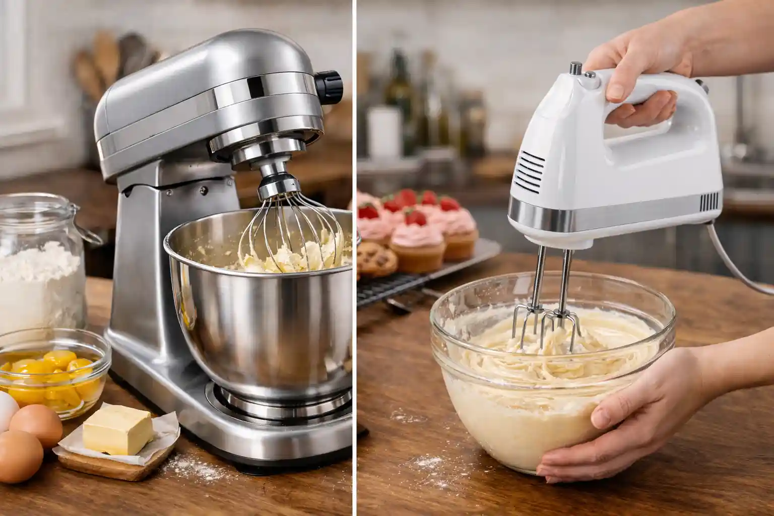 Stand mixer and hand mixer side by side mixing batter on a kitchen countertop for baking comparison