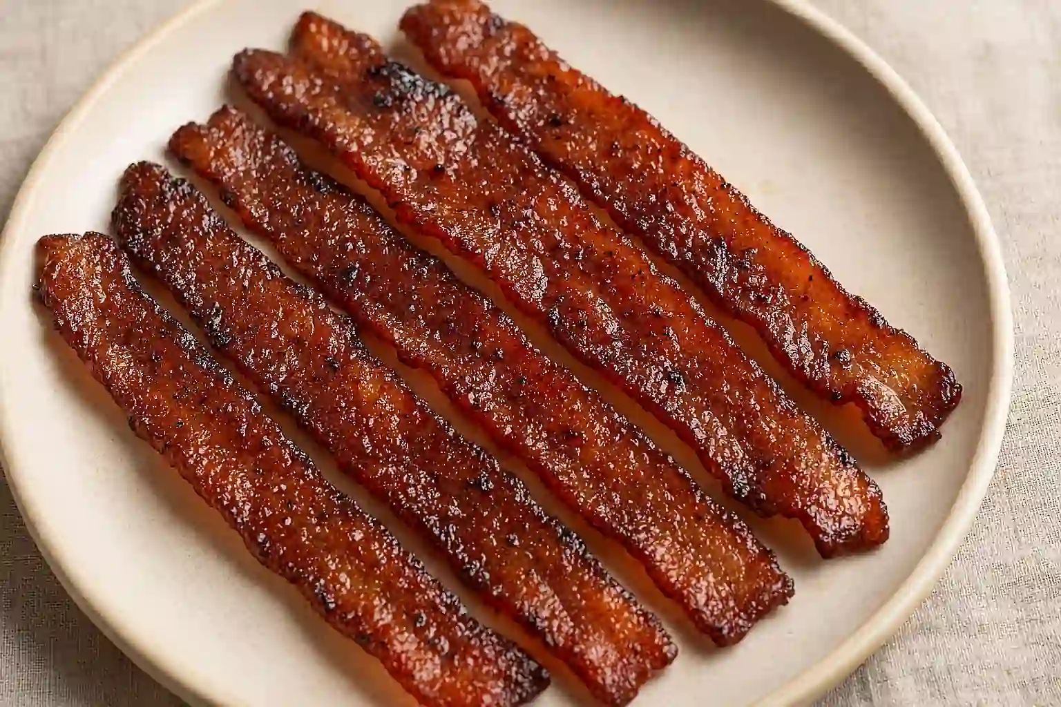 Crispy thick-cut bacon glazed with maple syrup, caramelized brown sugar, black pepper, and chili flakes on a rustic plate