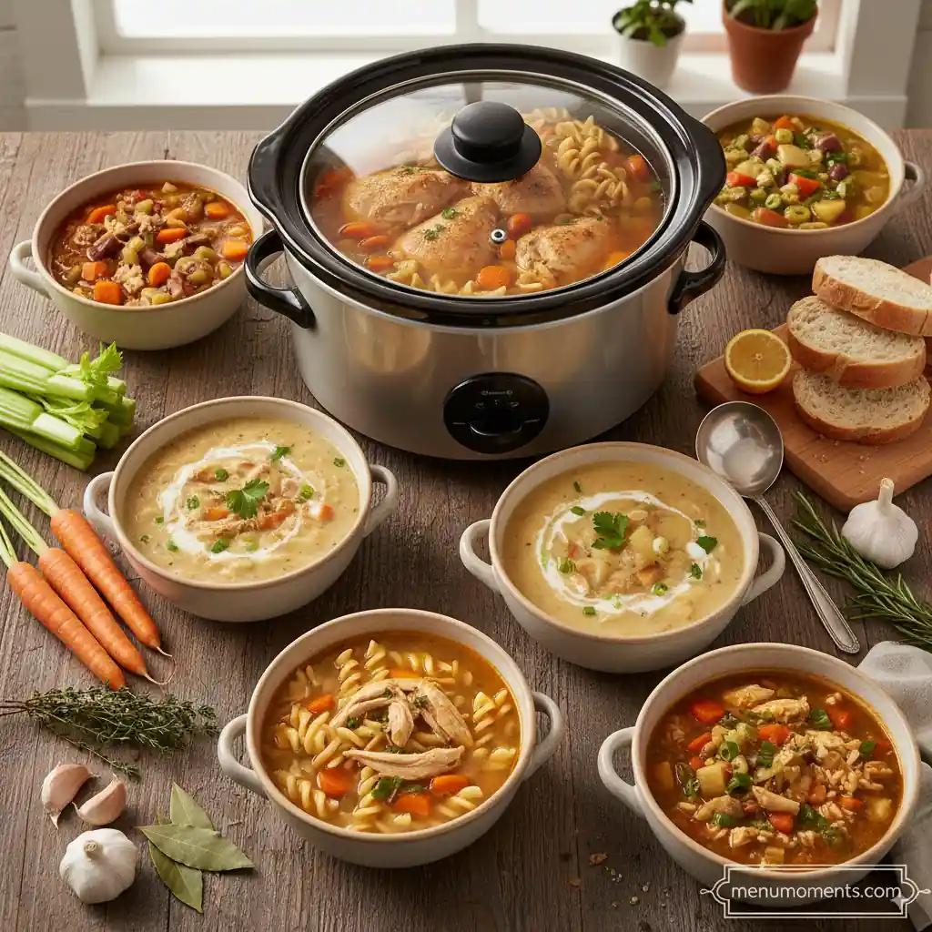A spread of diverse, comforting crockpot chicken soups including chicken noodle, creamy chicken, and vegetable variations, served in bowls around a slow cooker, with fresh ingredients like carrots, celery, and herbs.