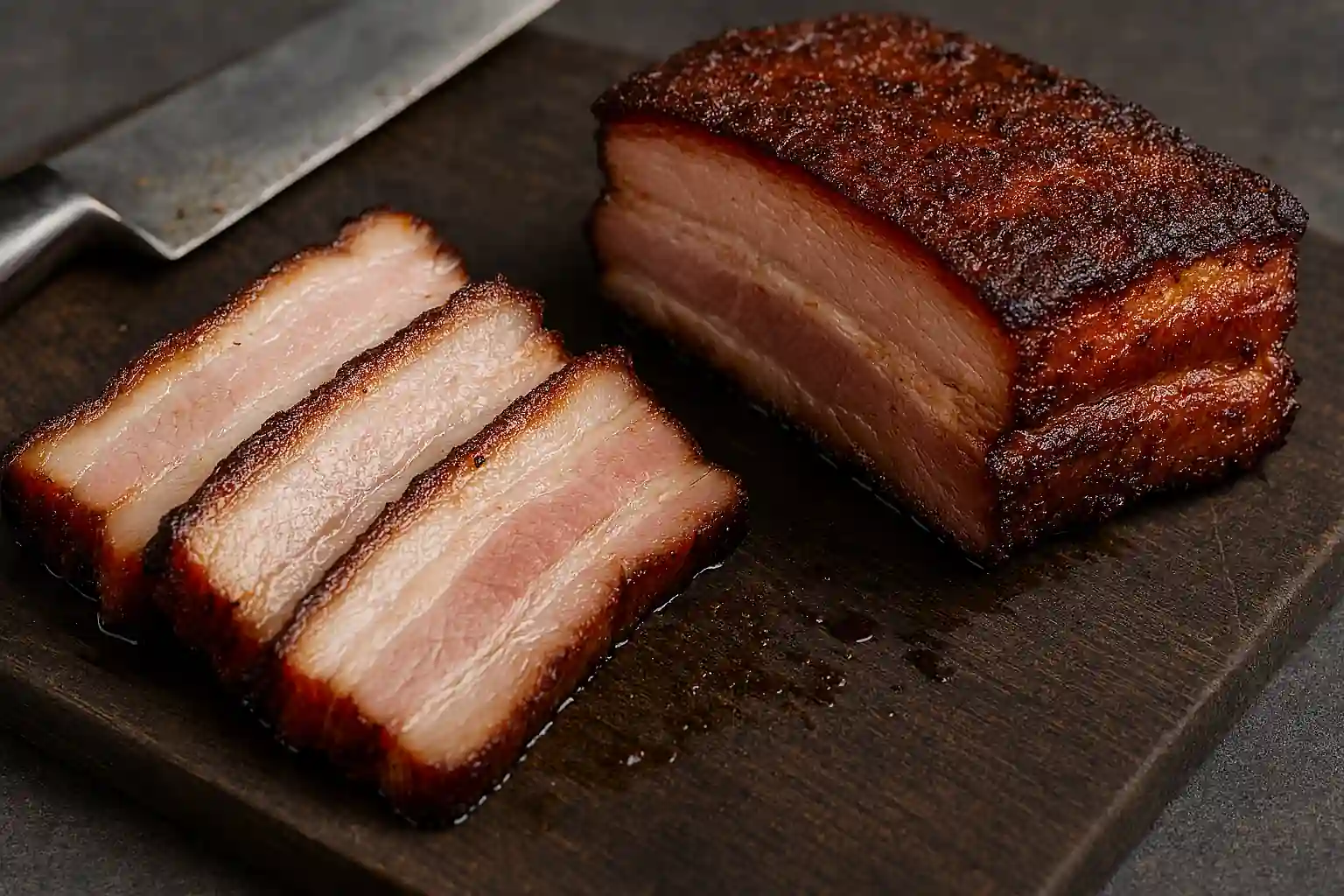 Smoked pork belly slices on rustic wooden board with charred edges and fresh herbs