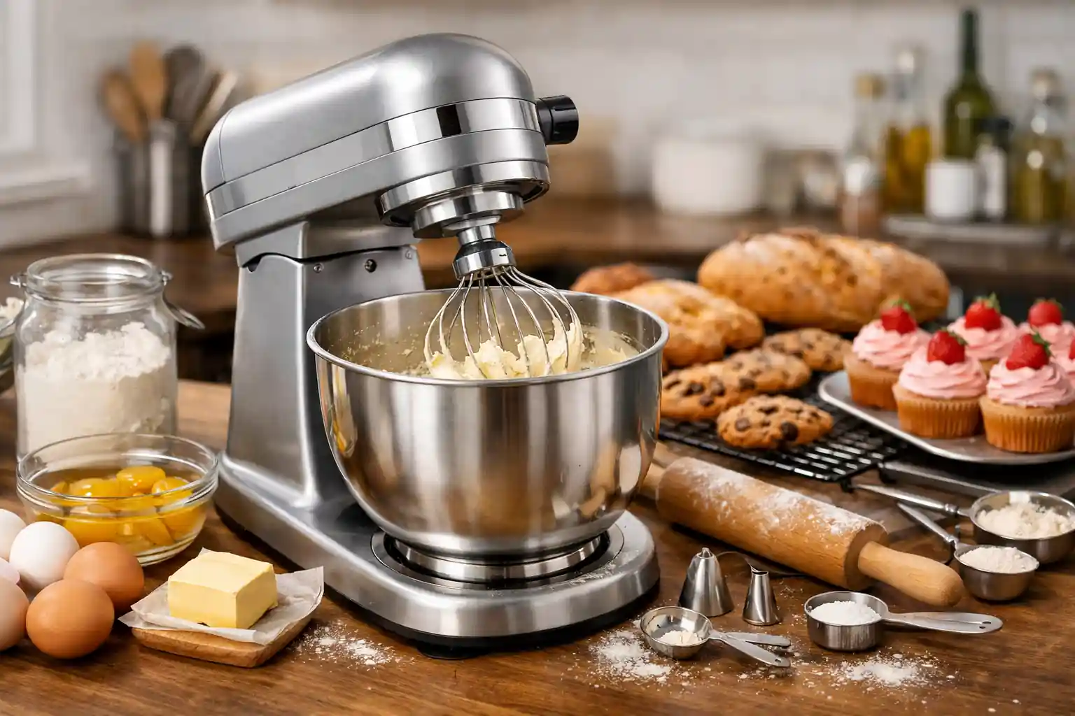 Stainless steel stand mixer mixing batter on kitchen countertop with baking ingredients and finished baked goods
